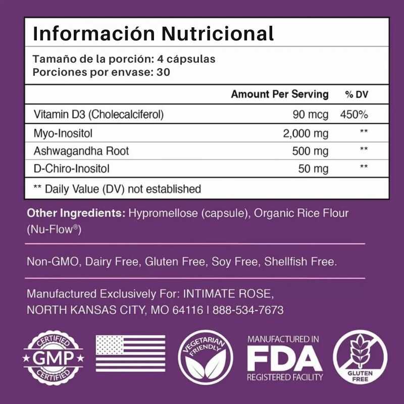 Myo-Inositol y D-Chiro Inositol™ con Vitamina D3 y Ashwagandha, 120 Capsulas